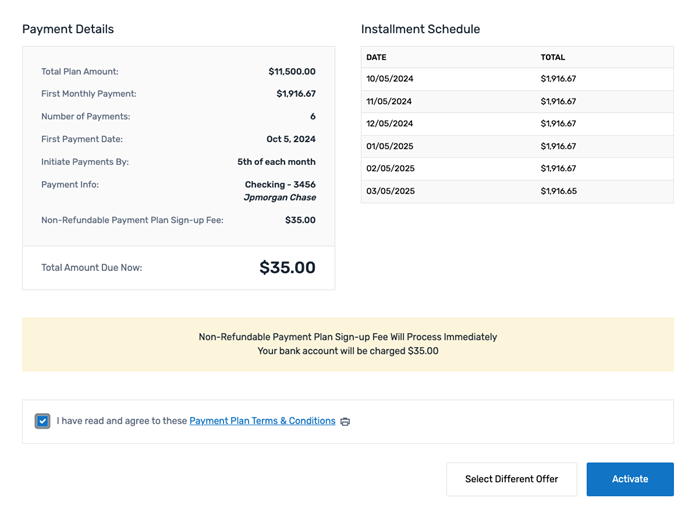 The link to view the Terms and Conditions is located towards the bottom of the screen, below the Payment Details but above the Activate button.